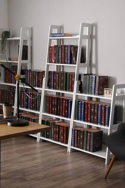 Moderne Plank Met Boeken Thuisbibliotheek — Stockfoto