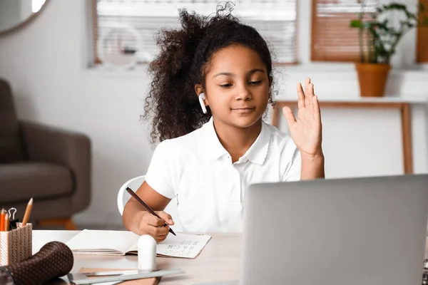 Little African American Girl Asking Her Online Tutor Question Home — Stock Photo, Image