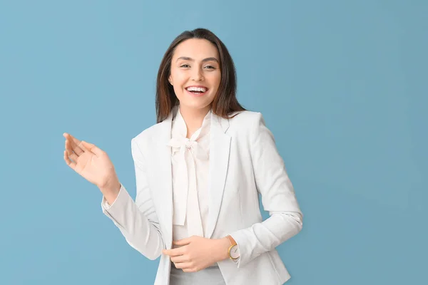 Portrait Young Secretary Blue Background — Stock Photo, Image