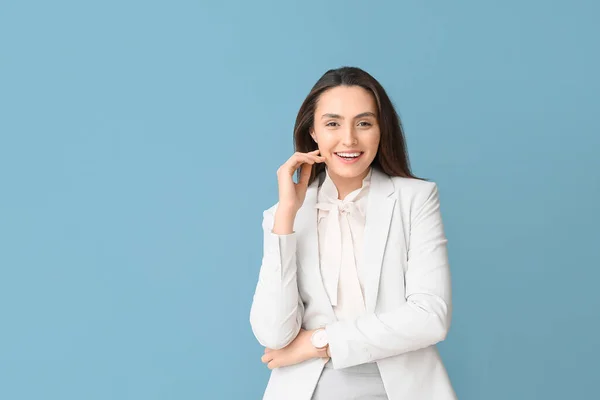 Portrait Young Secretary Blue Background — Stock Photo, Image