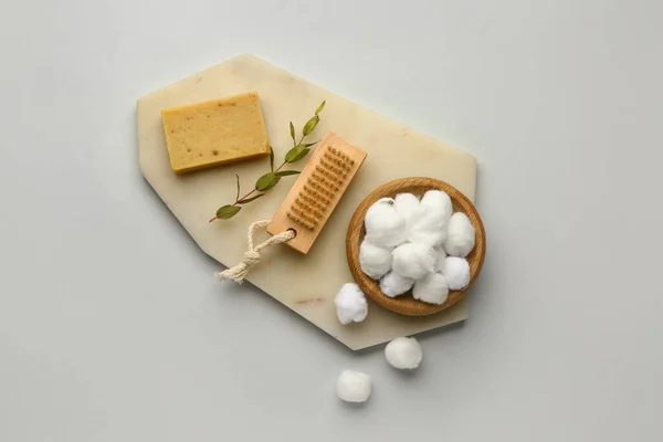 Board Cotton Balls Massage Brush Soap Light Background — Stock Photo, Image