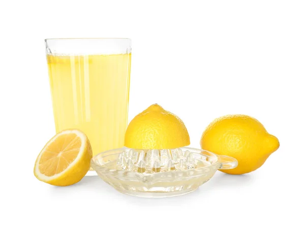 Juicer Lemons Glass Juice White Background — Stock Photo, Image