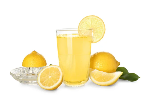Glass Fresh Lemon Juice Juicer Fruits White Background — Stock Photo, Image