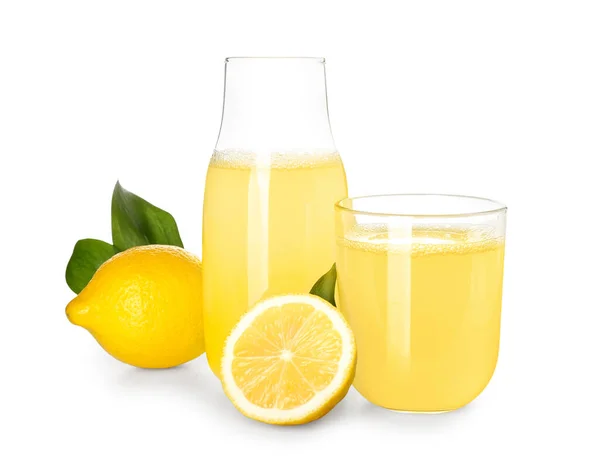 Bottle Glass Fresh Lemon Juice White Background — Stock Photo, Image