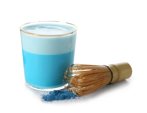 Glas Blauen Matcha Tee Und Chasen Isoliert Auf Weiß — Stockfoto
