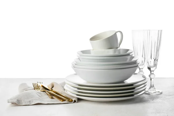 Set Clean Tableware Isolated White — Stock Photo, Image