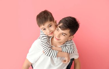 Renkli arkaplanda sevimli erkek kardeşlerin portresi