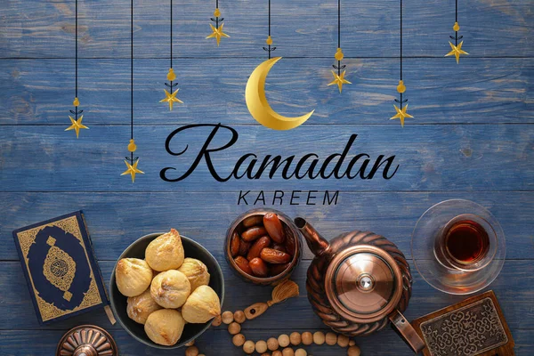 Greeting Card Ramadan Eastern Sweets Tea Koran Tasbih Wooden Background — Stock Photo, Image