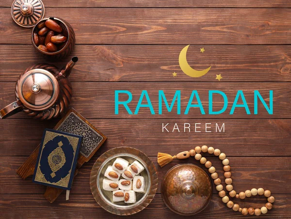 Greeting Card Ramadan Eastern Sweets Tea Koran Tasbih Wooden Background — Stock Photo, Image