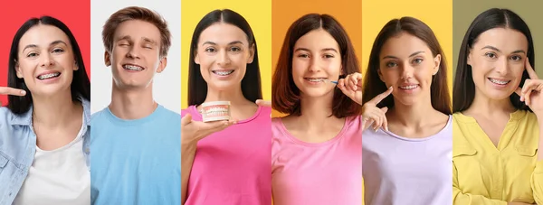 Renkli Arka Planda Diş Teli Olan Bir Sürü Mutlu Insan — Stok fotoğraf