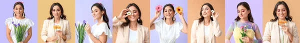 Conjunto Bela Jovem Com Flores Fundo Colorido Olá Primavera — Fotografia de Stock