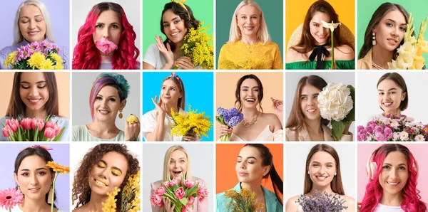 Collage Con Diverse Donne Che Tengono Bei Fiori Ciao Primavera — Foto Stock