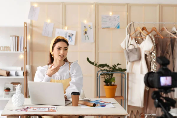 Young Female Clothes Stylist Recording Video Studio — Stock Photo, Image