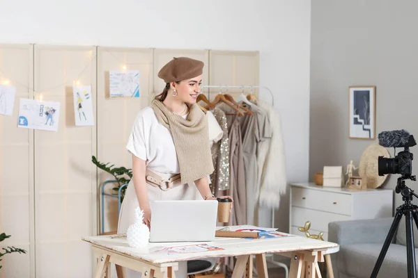 Young Female Clothes Stylist Recording Video Studio — Stock Photo, Image