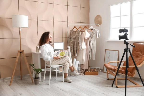 Young Female Clothes Stylist Recording Video Studio — Stock Photo, Image