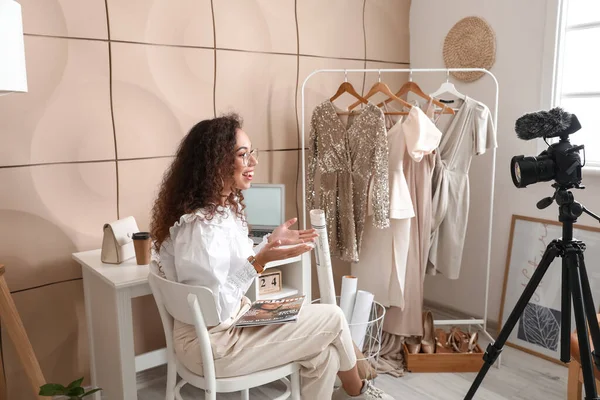 Young Female Clothes Stylist Recording Video Studio — Stock Photo, Image