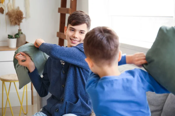 Naughty Brothers Fighting Pillows Home — Stock Photo, Image