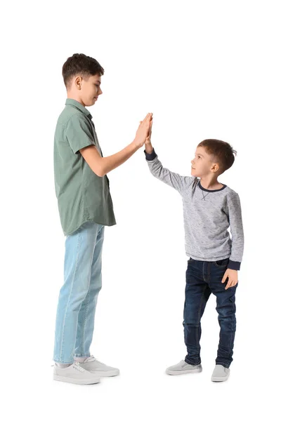 Portrait Cute Brothers Giving High Five Each Other White Background — Stock Photo, Image