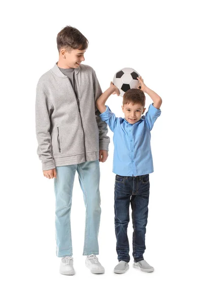 Cute Brothers Soccer Ball White Background — Stock Photo, Image
