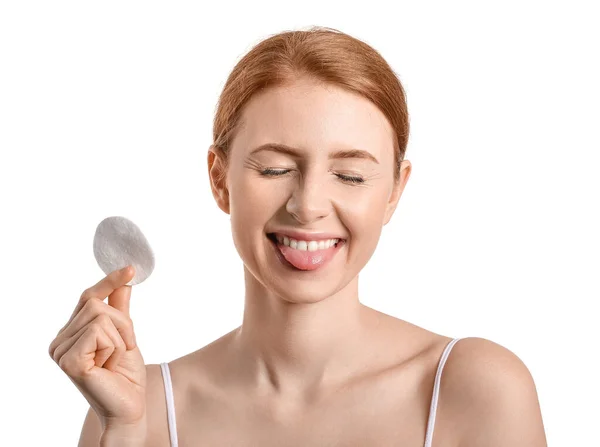 Happy Woman Makeup Sponge White Background — Stock Photo, Image