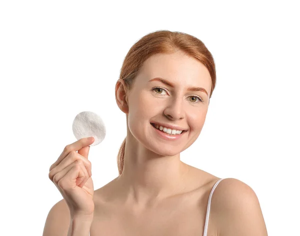 Beautiful Woman Makeup Sponge White Background — Stock Photo, Image