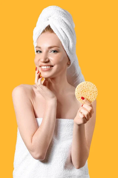 Beautiful Woman Makeup Sponge Color Background — Stock Photo, Image