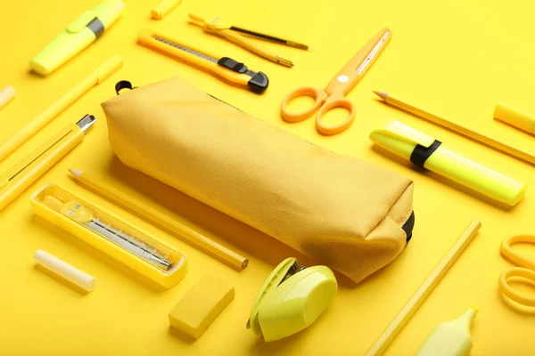 Pencil Case Stationery Yellow Background — Stock Photo, Image