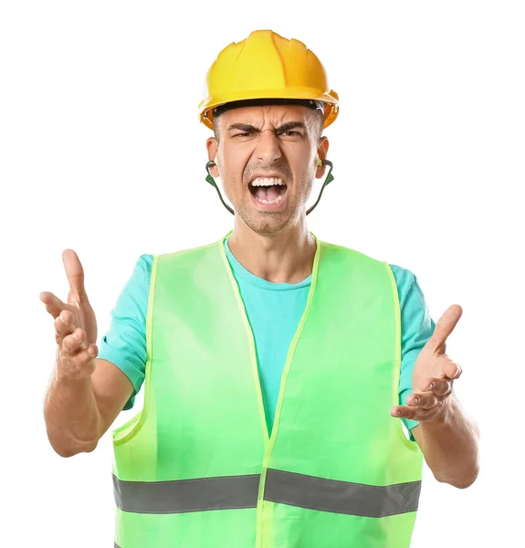 Enojado Constructor Masculino Con Tapones Para Los Oídos Sobre Fondo —  Fotos de Stock