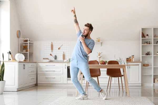 Cool Young Man Dancing Singing Home — Stock Photo, Image