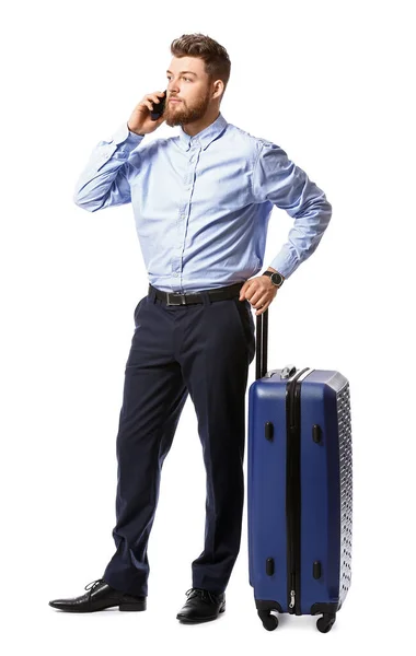 Handsome Businessman Blue Suitcase Talking Mobile Phone White Background — Stock Photo, Image