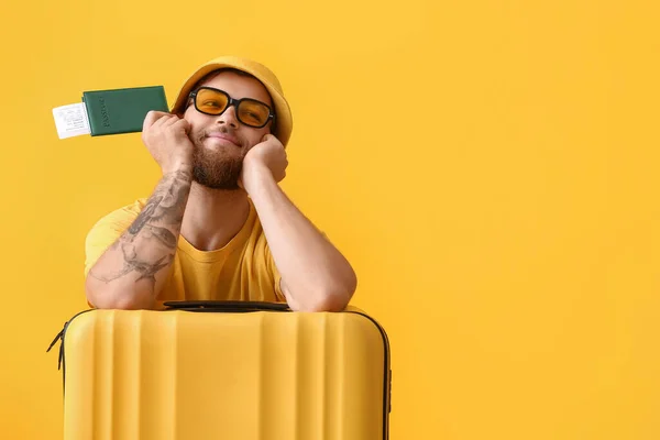 Handsome Man Panama Hat Suitcase Passport Yellow Background — Stock Photo, Image