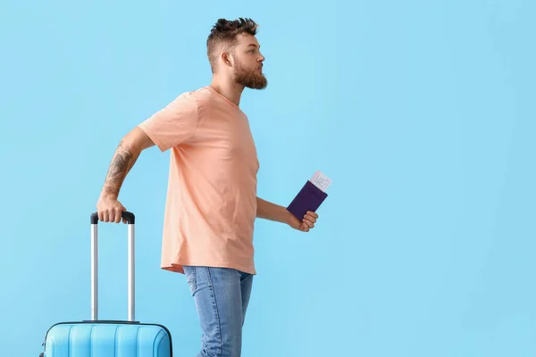 Handsome Man Passport Suitcase Blue Background — Stock Photo, Image