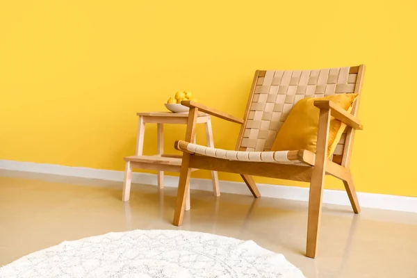 Comfortable Armchair Stepladder Stool Yellow Wall Room Interior — Stock Photo, Image