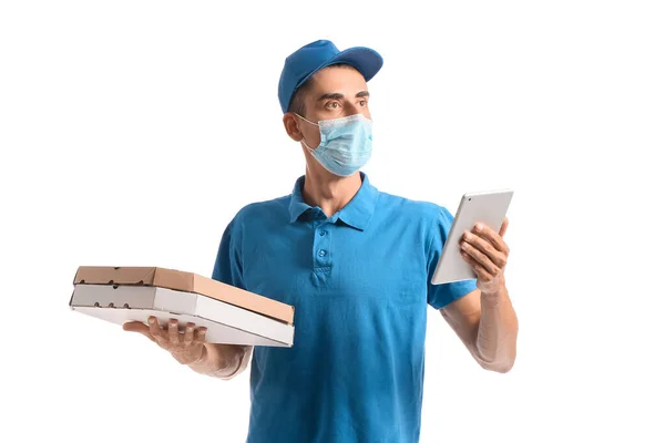 Koerier Van Voedsel Bezorgdienst Medisch Masker Met Tablet Witte Achtergrond — Stockfoto