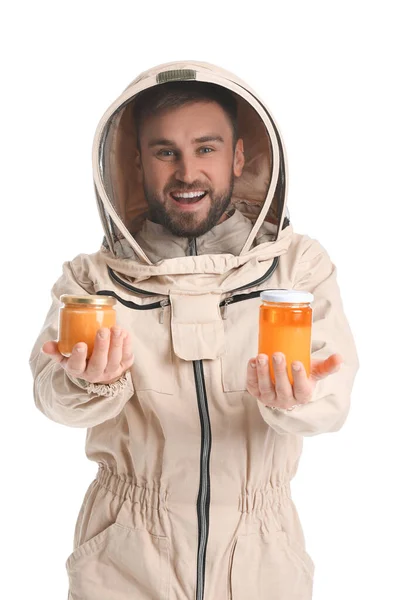 Male Beekeeper Protective Suit Jars Honey White Background — Stock Photo, Image