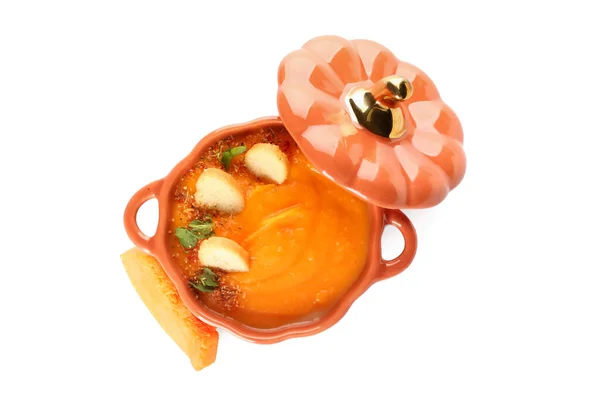 Pot Delicious Pumpkin Cream Soup Croutons White Background — Stock Photo, Image