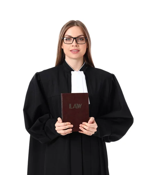 Juez Joven Con Libro Sobre Fondo Blanco — Foto de Stock