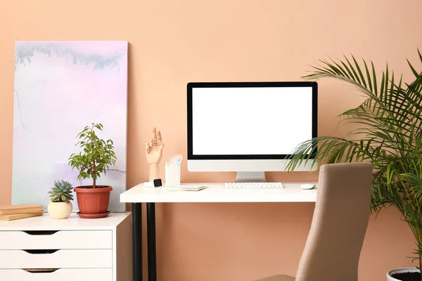 Workplace Modern Computer Color Wall — Stock Photo, Image