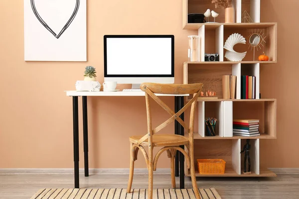Interior Room Comfortable Workplace Shelf Unit Color Wall — Stock Photo, Image