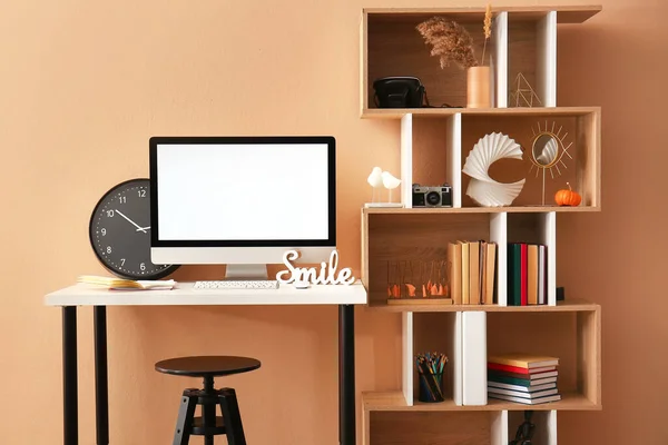 Workplace Computer Shelf Unit Decor Color Wall — Stock Photo, Image