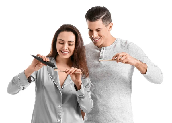 Young Couple Charcoal Tooth Paste Isolated White — Stock Photo, Image