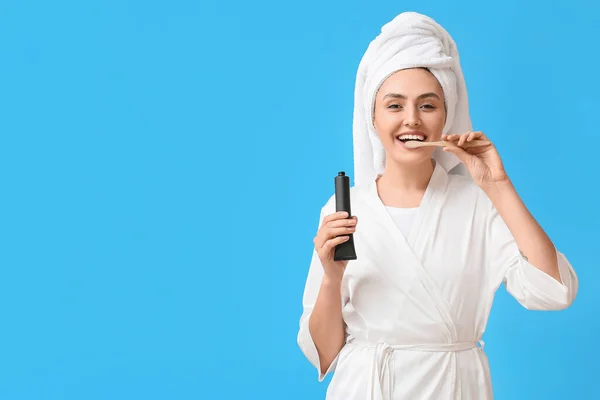 Beautiful Young Woman Brushing Teeth Activated Charcoal Tooth Paste Blue — Stock Photo, Image