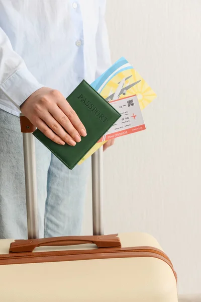 Woman Holding Suitcase Passport Ticket Light Background Closeup — Stock Photo, Image