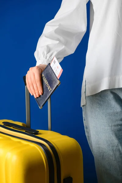 Woman Holding Suitcase Passport Ticket Blue Background Closeup — Stock Photo, Image