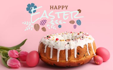 Paskalya pastalı tebrik kartı, pembe arka planda yumurtalar ve laleler