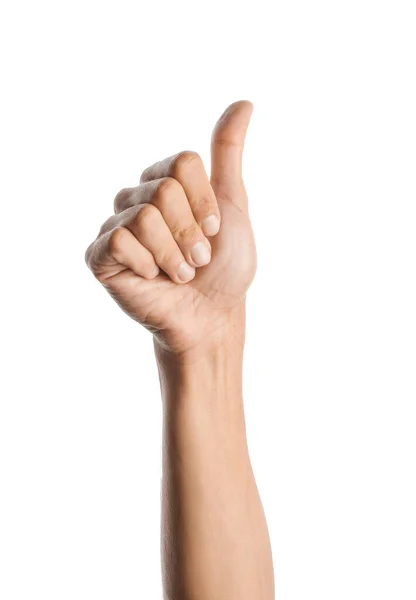 Νεαρό Αρσενικό Χέρι Δείχνει Αντίχειρα Χειρονομία Λευκό Φόντο — Φωτογραφία Αρχείου