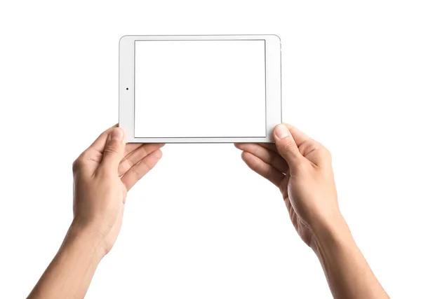 Mãos Masculinas Com Computador Tablet Moderno Fundo Branco — Fotografia de Stock