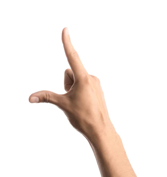 Junge Männliche Hand Zeigt Etwas Auf Weißem Hintergrund — Stockfoto