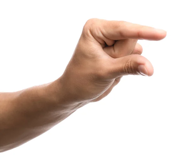 Jovem Mão Masculina Segurando Algo Fundo Branco — Fotografia de Stock