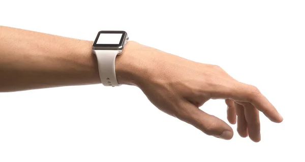 Male Hand Modern Smart Wrist Watch White Background — Stock Photo, Image
